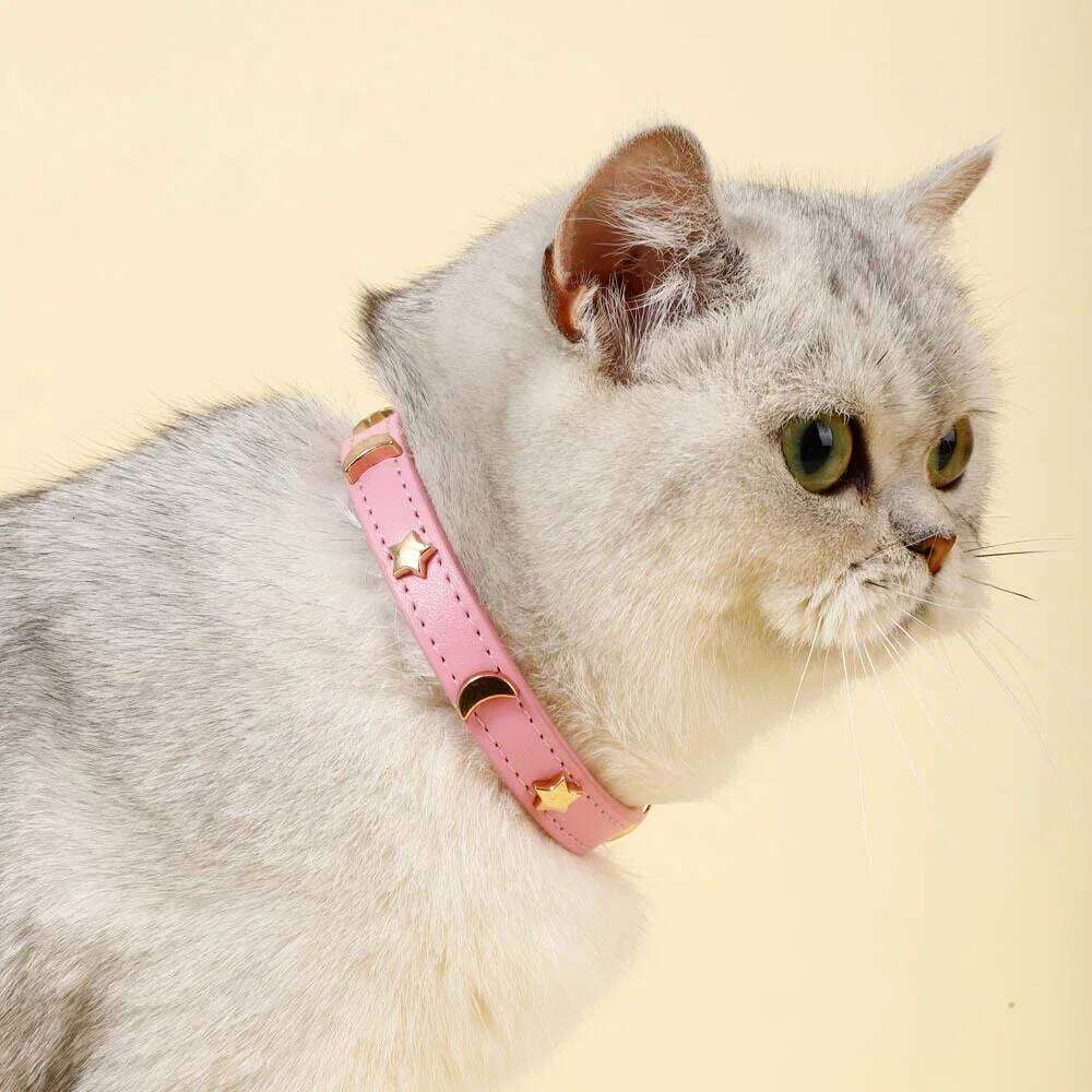 Cute Collar Soft Leather Pet Collars For Small Dog Kitten Puppy Necklace Cat Accessories Star Moon Rivets Decoration XS-M