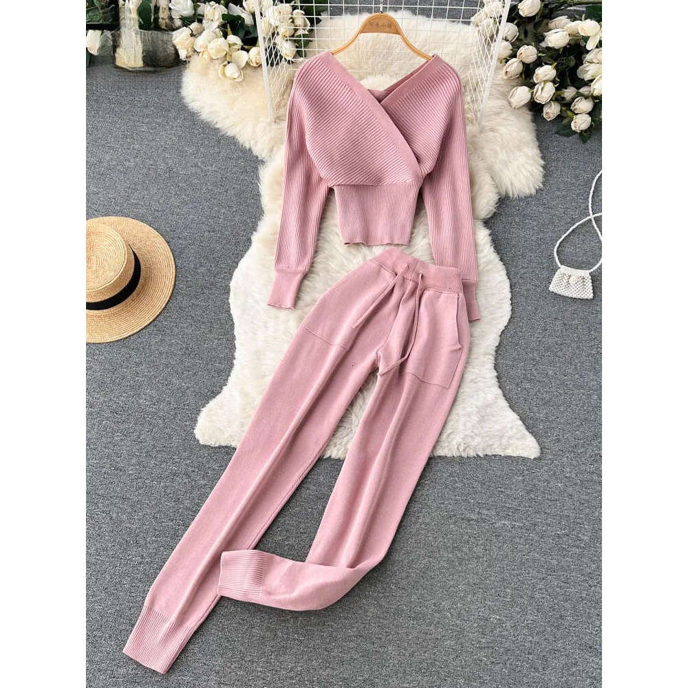 Women's designer winter casual knitted two-piece V-neck long sleeved sweater elastic pants set 2026