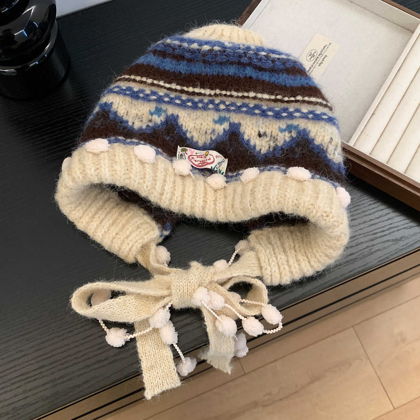 Fair Isle Knit Balaclava Hat for Women Autumn and Winter Face-Slimming Headwrap Thickened Warm Ear-Protecting Hat S2602251E7I