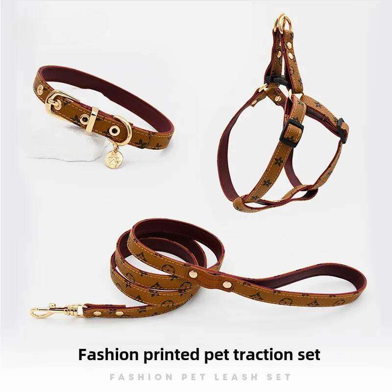 Loudik New Printed Leather Chest Strap Adjustable Leash Collar Set Medium and Small Dog Pet Supplies Puppy Accessories