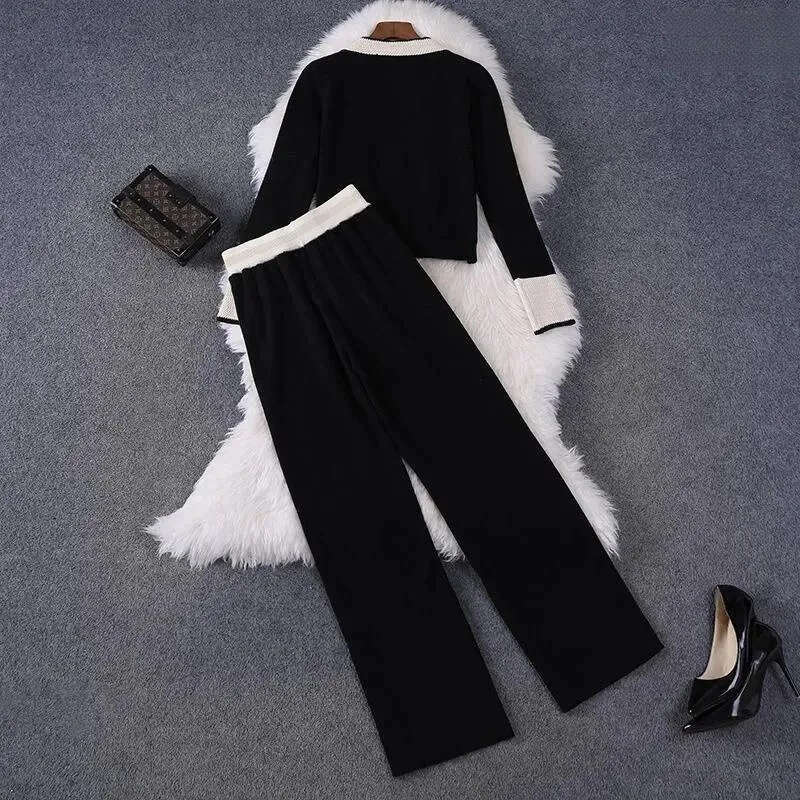 Women's knitted cardigan pants Korean solid color two-piece set Spring and Autumn women's fashionable casual wide leg