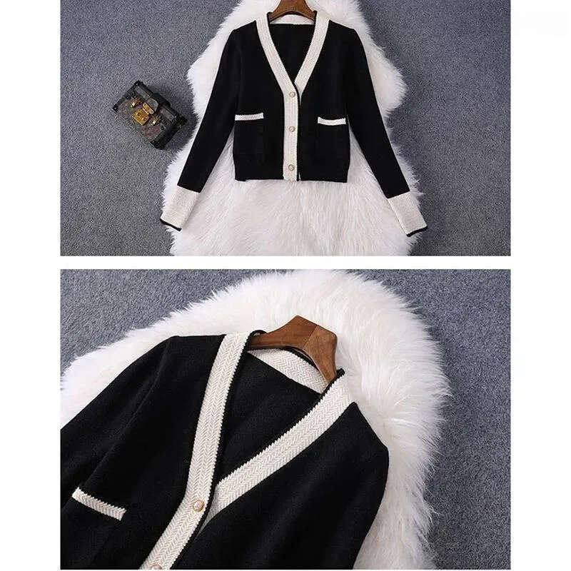 Women's knitted cardigan pants Korean solid color two-piece set Spring and Autumn women's fashionable casual wide leg