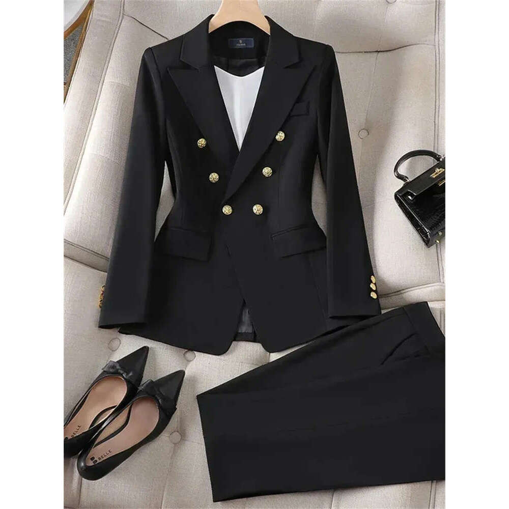 Designer Elegant Office Women's Two Piece Double Chest Long Sleeve Jacket Loose Casual Pants