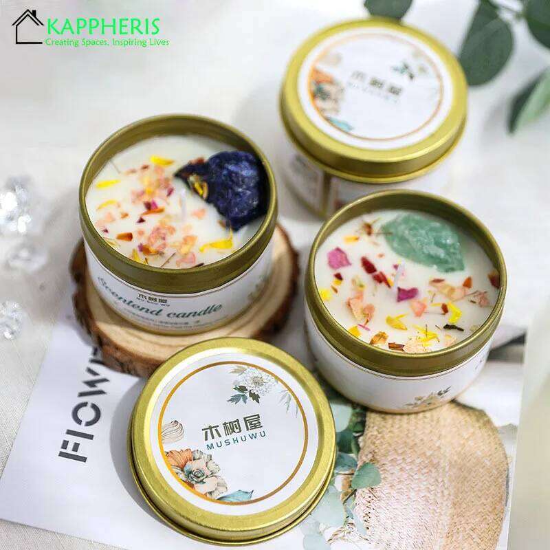 Scented Aromatic Crystal Dried Flower Candle In Gold Tin Jars for Home Decoration Centerpiece Wedding Guest Gift Candles W260226