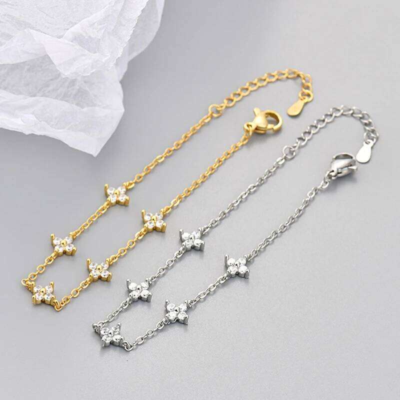 925 Silver Plated Cz Four-leaf for Women Shiny Zircon Flower Adjustable Link Chain Bracelet Cute Dainty Jewelry Z260225