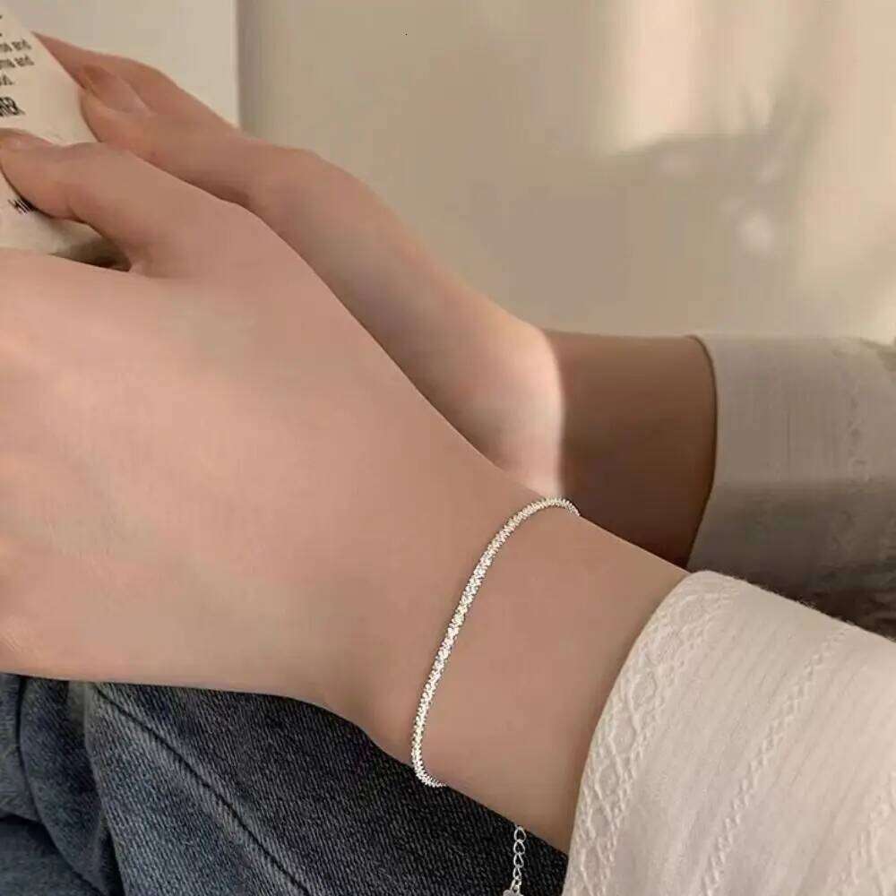 Fashion Elegant Simple Metal Silver Geometry Thin Chain Adjustable Gravel Beaded Shining Bracelet Women Z260225