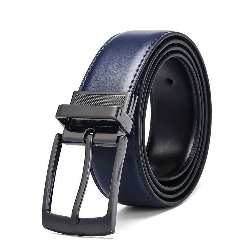 2025 Men Real Cowhide Belt 130cm Long Rotating Pin Buckle Business Casual All match Double sided Leather Luxury Navy Blue Style Y260225
