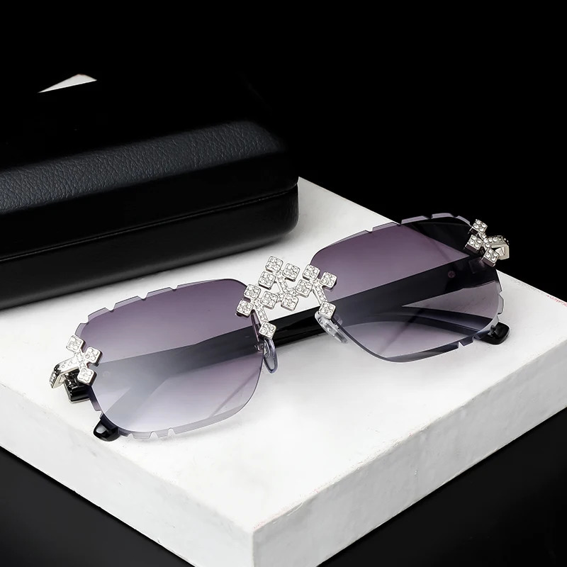 2025 Fashion Square Rimless Sunglasses For Women Cross Diamond Metal Frame Eyewear Cut Lens UV400 Shades Sun Glasses 260129