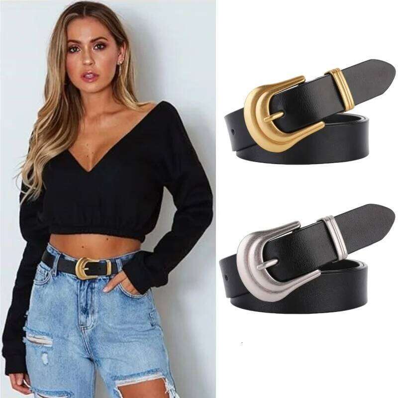 Genuine Women's with Gold Buckle Western for Women Black Leather Belt Retro Waist Belts Y260225