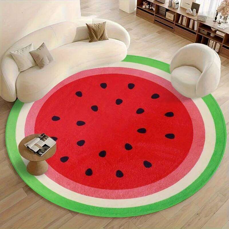 Watermelon Round Rug Soft Crystal Velvet Mat for Living Room, Kids Room & Bedroom Machine Washable Summer Decor W260226