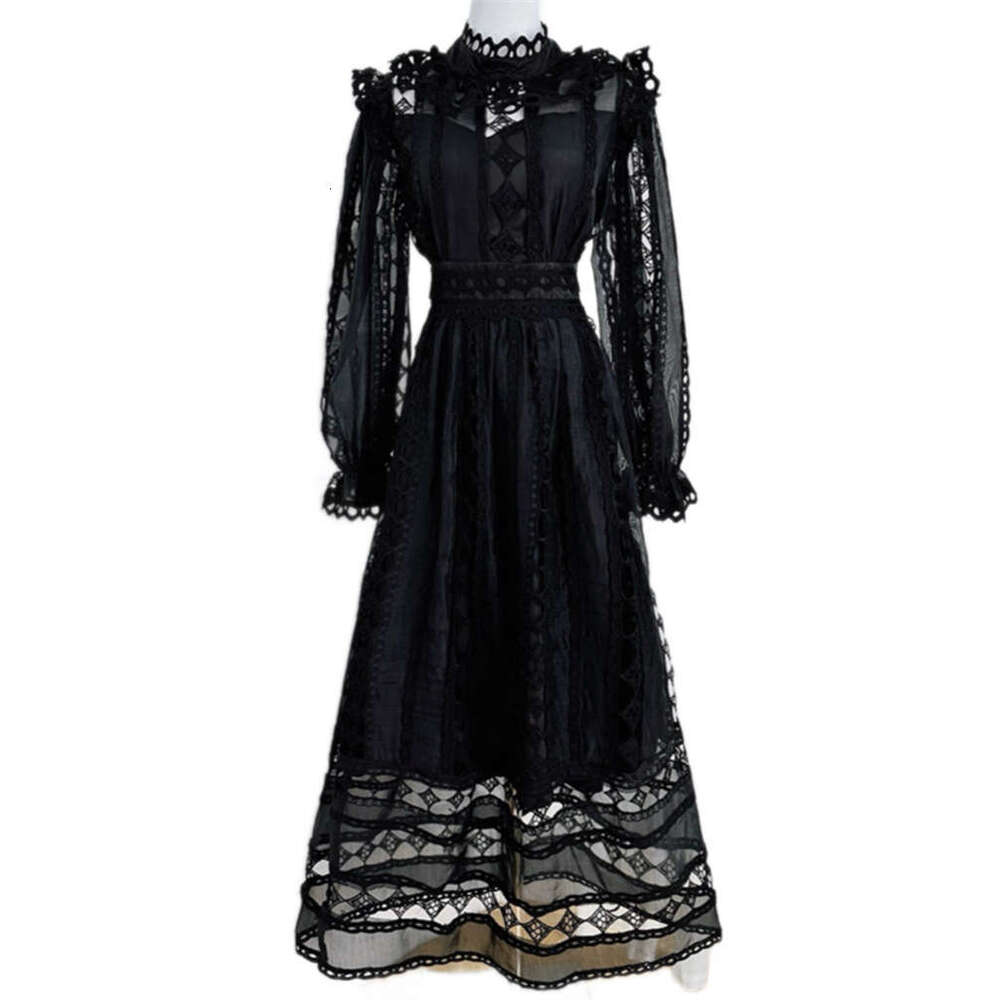 2026 New European and American Women's Design Hollow Lace Splicing Retro Style Long Skirt