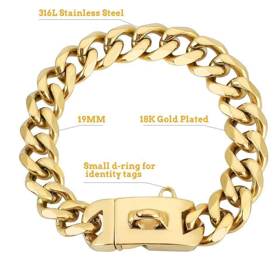 Heavy Duty 19MM Wide Light Strong Metal Cuban Link Collar,Gold Dog Chain Collar for Small Medium Dogs