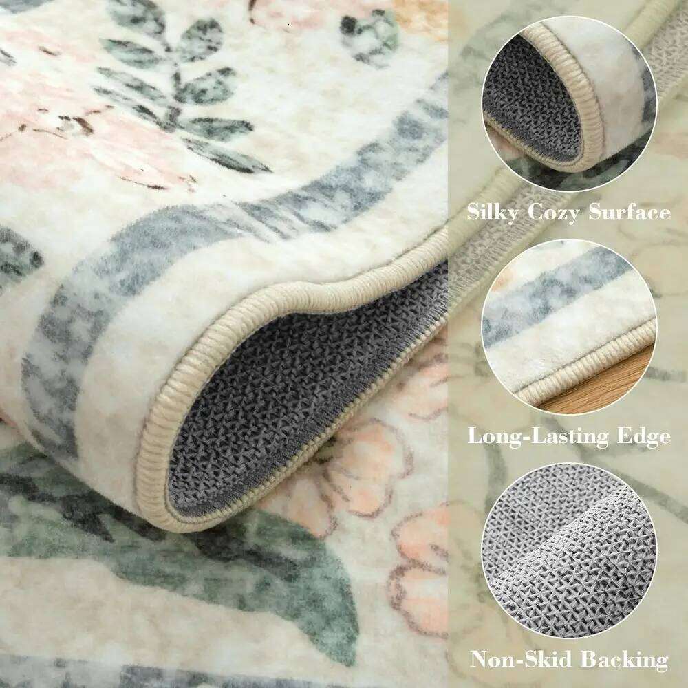 5x7 Washable Floral Area Rug, Soft Boho Style Carpet for Bedroom, Non-Slip Beige Living Room Mat W260226