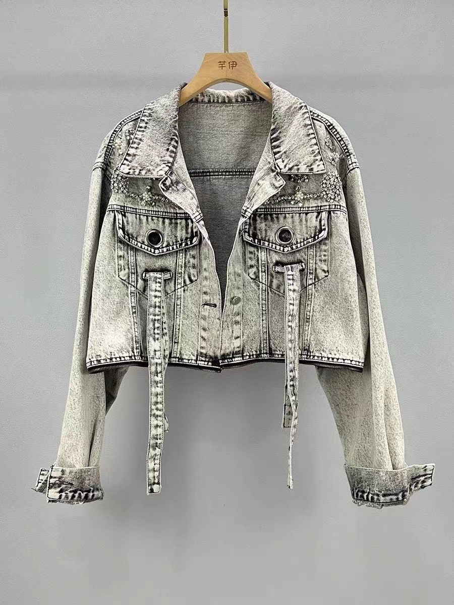 DEAT Womens Denim Coat Heart Beading Pearls Gold Rivets Loose Light Blue Long Sleeve Jackets 2025 Spring Fashion 29L2503 241223