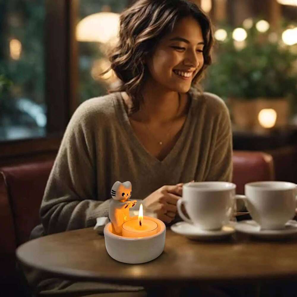 White Animal Aesthetic Candle Holder Funny Wax Tealight Tray Cartoon Cat Centerpiece For Living Room Bedroom Desk W260226