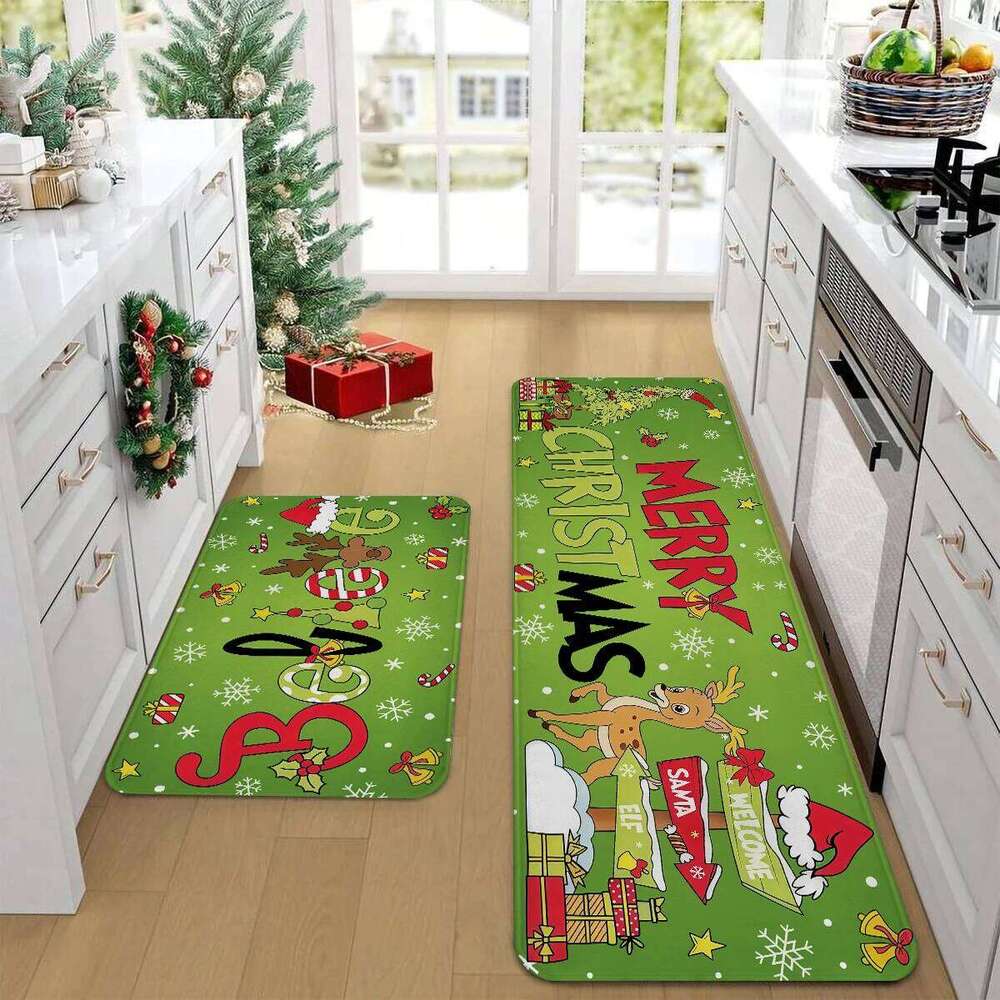 1pc Merry Kitchen Decoration Carpet Funny Hat Christmas Tree Reindeer Design Non slip Floor Mat W260226
