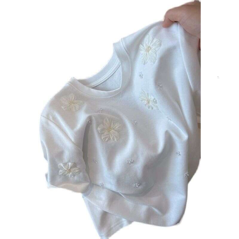 Fashion Sweet 3D Camellia Embroidery T-Shirts 2025 Summer New Tops Women Short Sleeve Loose Tee Shirt
