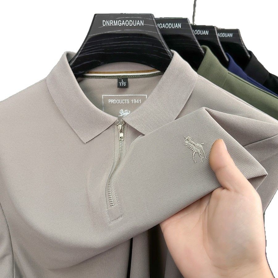 Mens Embroidered Pony Polo Shirt with Half Zipper - Trendy Short Sleeve Design