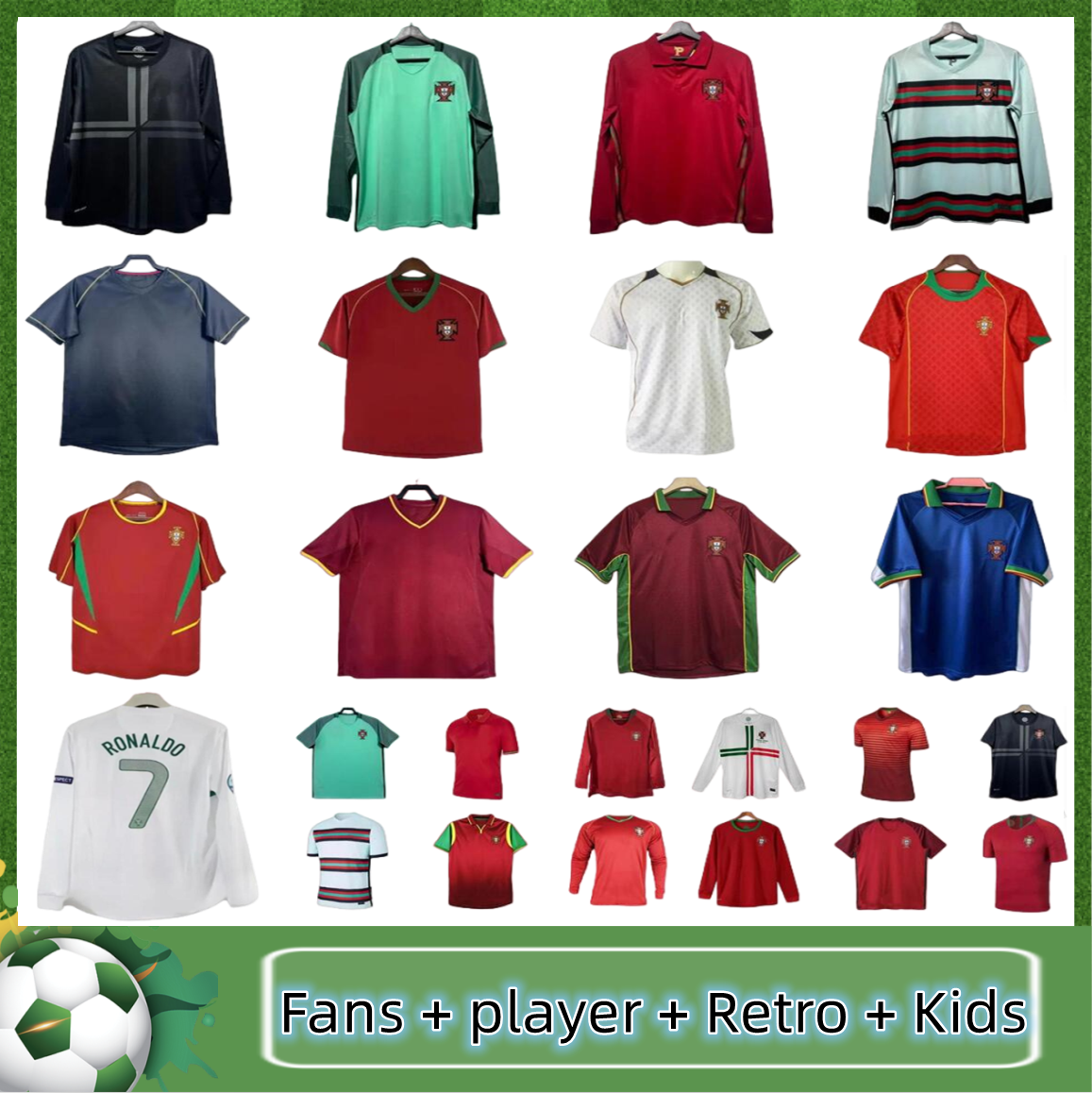 Retro Portugal Soccer jerseys 1966 69 1972 Portogallo Football Shirts 1992 94 96 99 PortugalS 2000 2002 2004 2006 long sleeve 10 12 14 15 16 18 Player Version Men kids