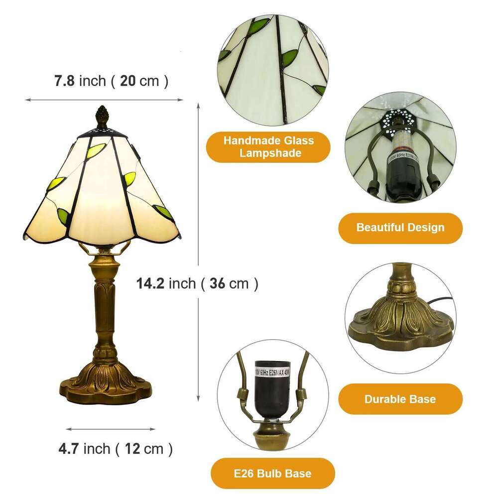 Beige Leaves Style Tiffany Table Bedside Nightstand Lights Vintage Desk Lamp Stained Glass for Living Room, Bedroom, H260225