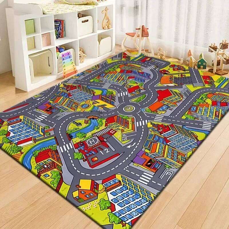 Vibrant City Map Kids Play Mat with Roads Buildings Educational Toddler Activity Rug Colorful Traffic Floor Carpet for Playroom W260226