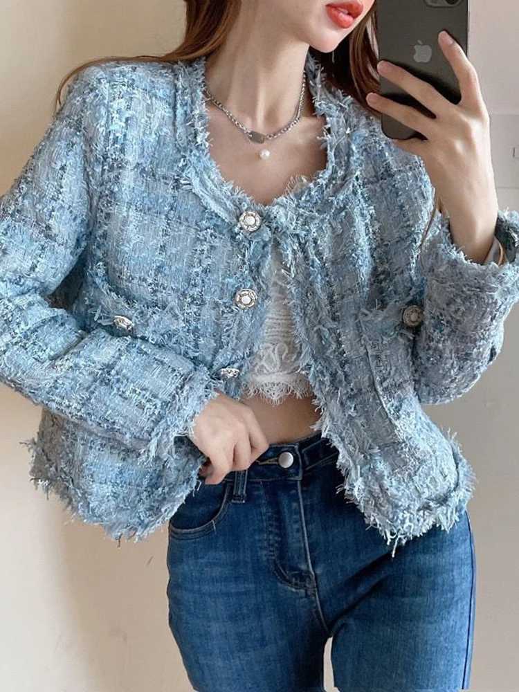Women's Korean Chic Tassel Tweed Jacket, Slim O-Neck Long Sleeve Elegant Plaid Short CoatT260226