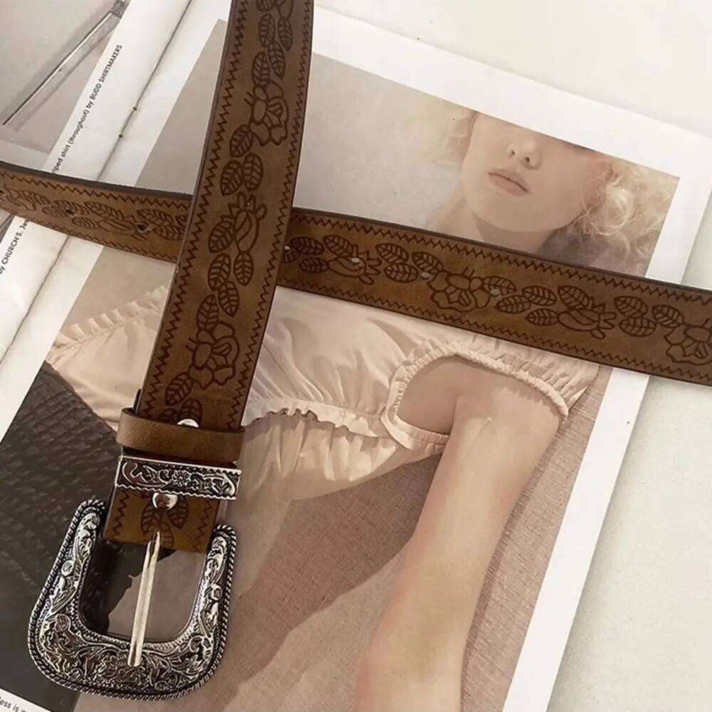Personality Alloy Ethnic Style Vintage Printed Y2k PU Leather Belt Brown Spicy Girl Pants Decorative Female Y260225