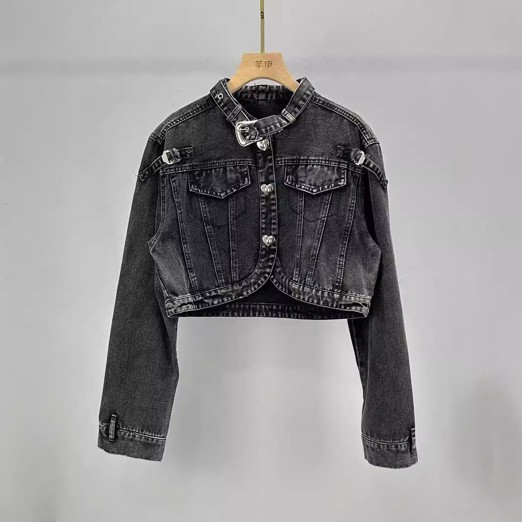 DEAT Womens Denim Coat Heart Beading Pearls Gold Rivets Loose Light Blue Long Sleeve Jackets 2025 Spring Fashion 29L2503 241223