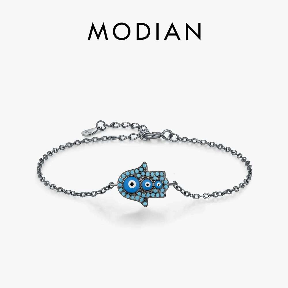 MODIAN 925 Sterling Silver Blue Enamel Synthetic Turquoise Link Chain Bracelet Black Ghost Eyes Palm Bracelets For Women Jewelry Z260225