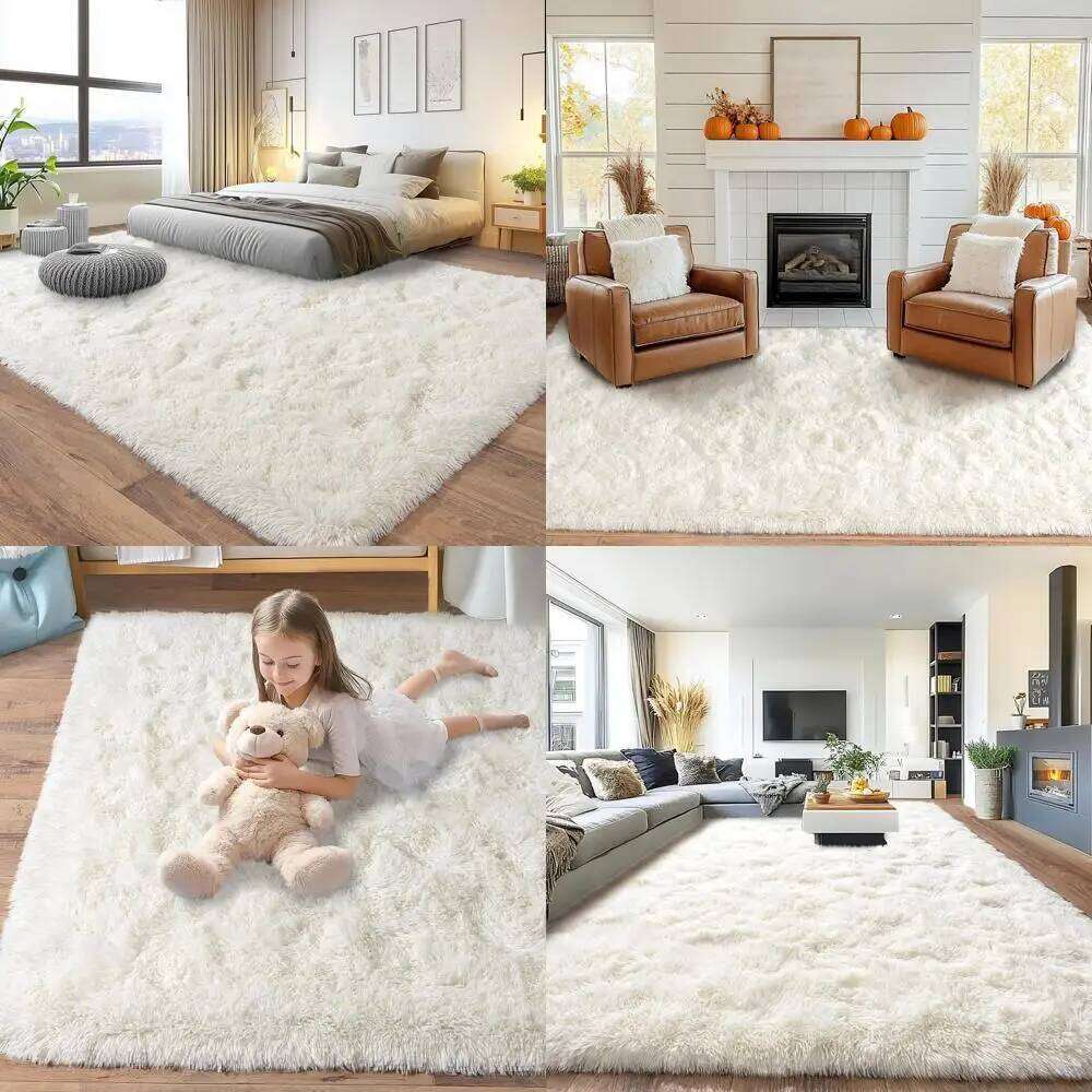 Large Cream White Fuzzy Shag Rug, Plush Soft Carpet for Living Room, Bedroom, Kids & Nursery, Modern Decor, Non-Slip W260226