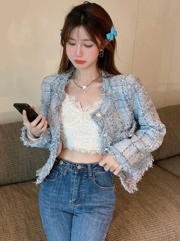 Women's Korean Chic Tassel Tweed Jacket, Slim O-Neck Long Sleeve Elegant Plaid Short CoatT260226