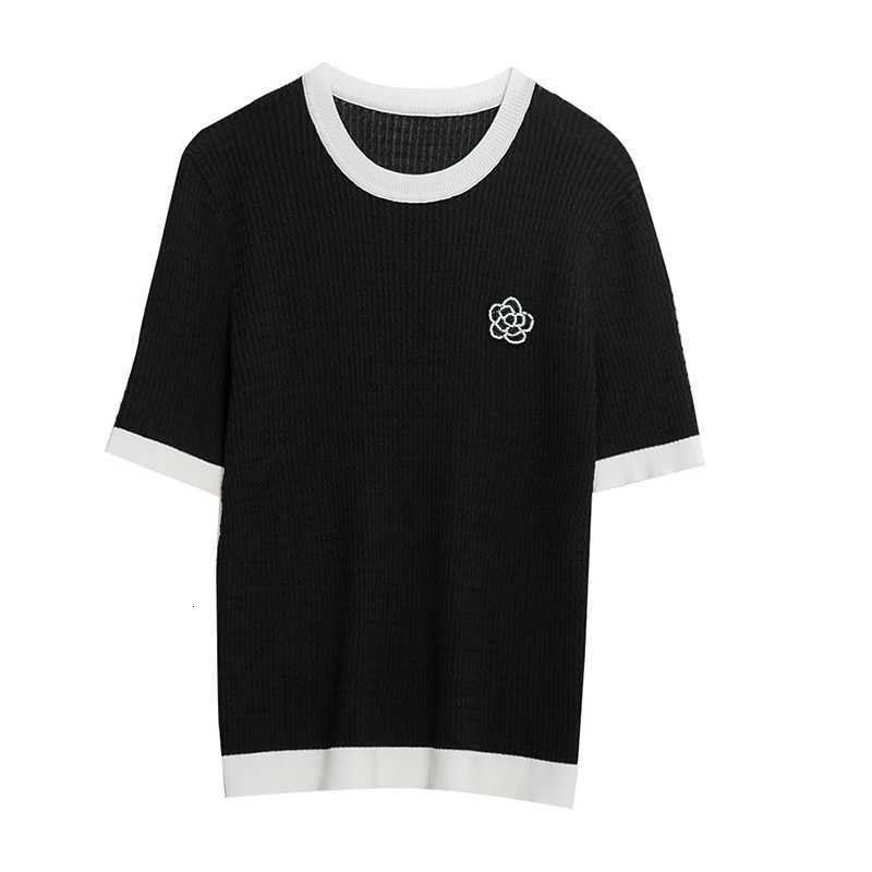 Women's Camellia Jacquard Knit Top, Contrast Trim O-Neck Short Sleeve Summer SweaterT260226