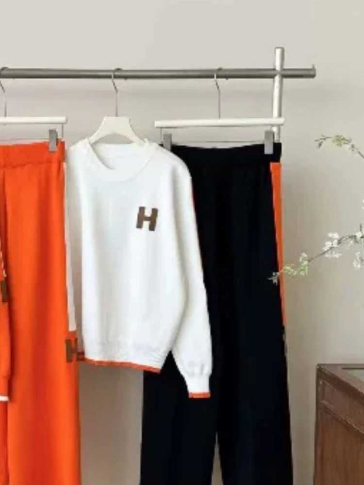 Women Knitted Two Piece Set Letter Patch Sweater and Wide Leg Pants with Contrast TrimT260228 - view 4
