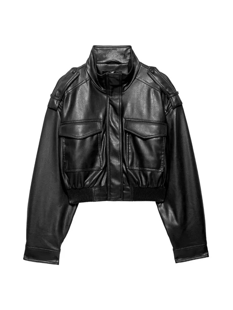 Womens Faux Leather Short Jacket Coat Long Sleeve High Collar Chic Top with Flap Pockets Female Outerwear 260128