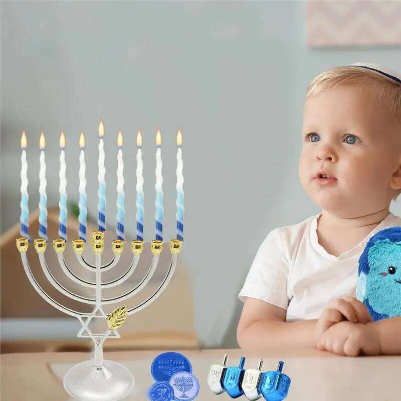 A96K-Traditional Jewish Menorah Candle Sticks Holder 9 Branch Jerusalem Temple Candles W260226