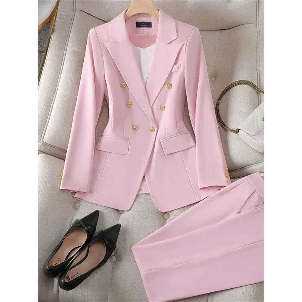 Designer Elegant Office Women's Two Piece Double Chest Long Sleeve Jacket Loose Casual Pants