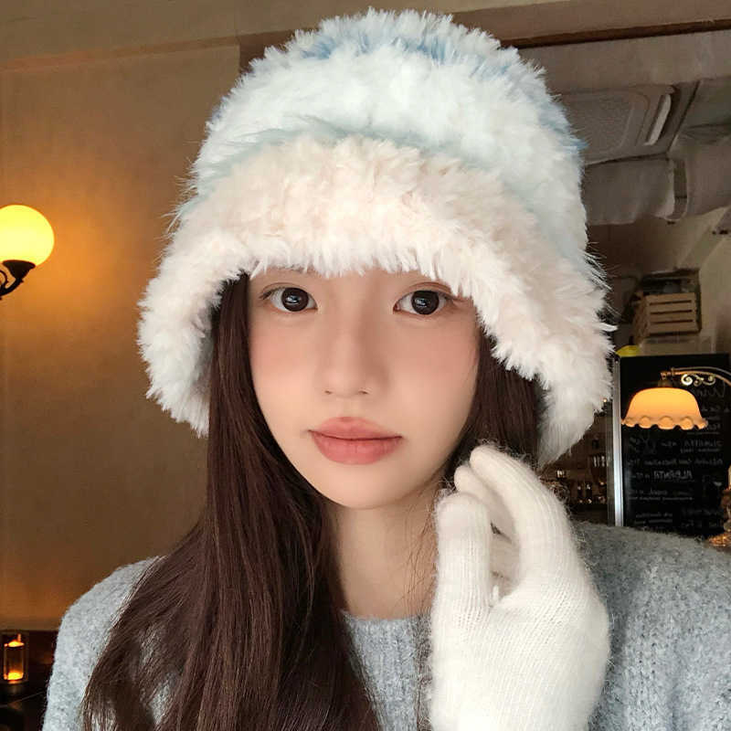 Style Plush Hat for Women Autumn and Winter Versatile Warm Ear Protection Face Slimming Knitted Cold Hat Large Head Circumference Fisherman Hat for Wi