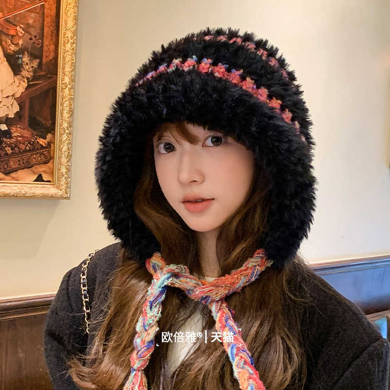 Fleece-Lined Thickened Plush Autumn Winter Large Head Circumference Warm Cold-Proof Lei Feng Hat Cute Tie-Up Knitted Hat S260225