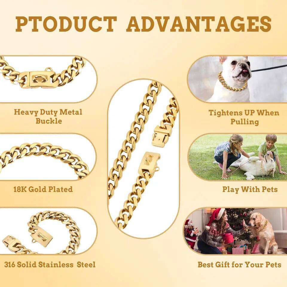 Heavy Duty 19MM Wide Light Strong Metal Cuban Link Collar,Gold Dog Chain Collar for Small Medium Dogs
