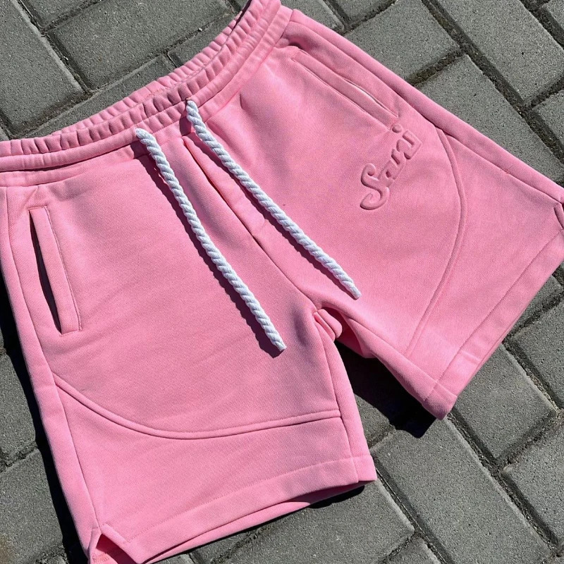 Y2K Harajuku Solid Shorts Man Letter Embossed Pink Sweatpants Hip Hop Retro Casual Stylish Comfortable Shorts Unisex Baggy Pants 260209