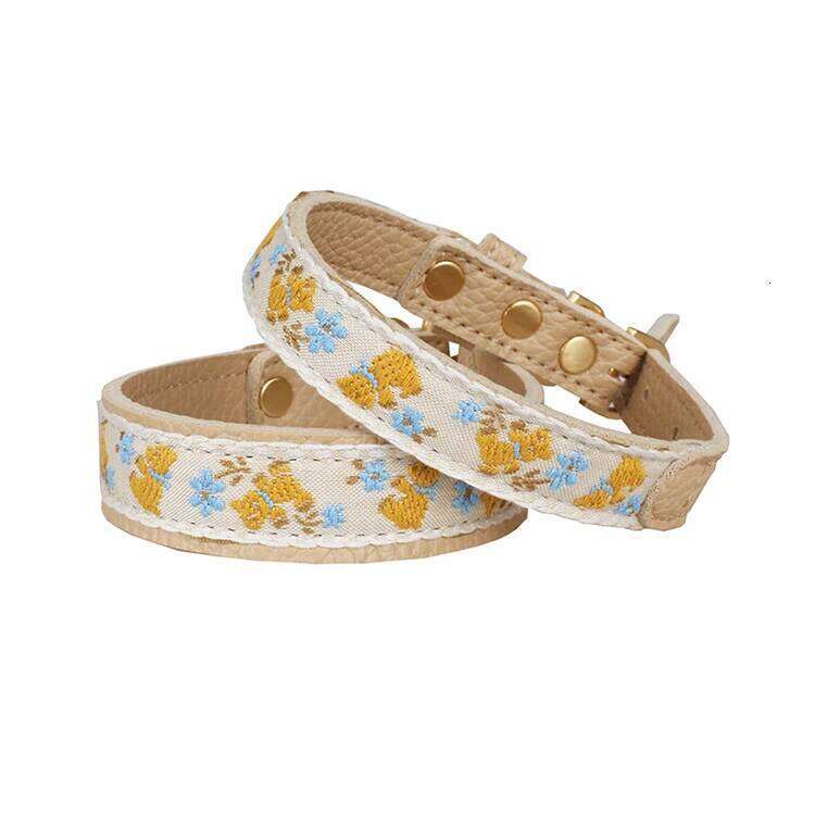 Soft Leather Pet Exquisite Embroidery Dog Collar and Leash Set Yorkshire Terrier Schnauzer Poodle Puppy Collars