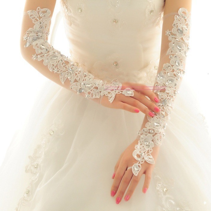 Fingerless Rhinestone Lace Bridal Wedding Gloves Long Fancy Party Wedding Opera Appliques Gloves 250408