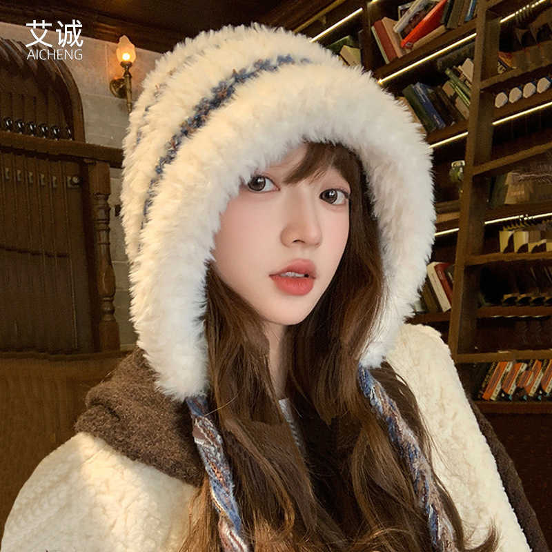 Fleece-Lined Thickened Plush Autumn Winter Large Head Circumference Warm Cold-Proof Lei Feng Hat Cute Tie-Up Knitted Hat S260225
