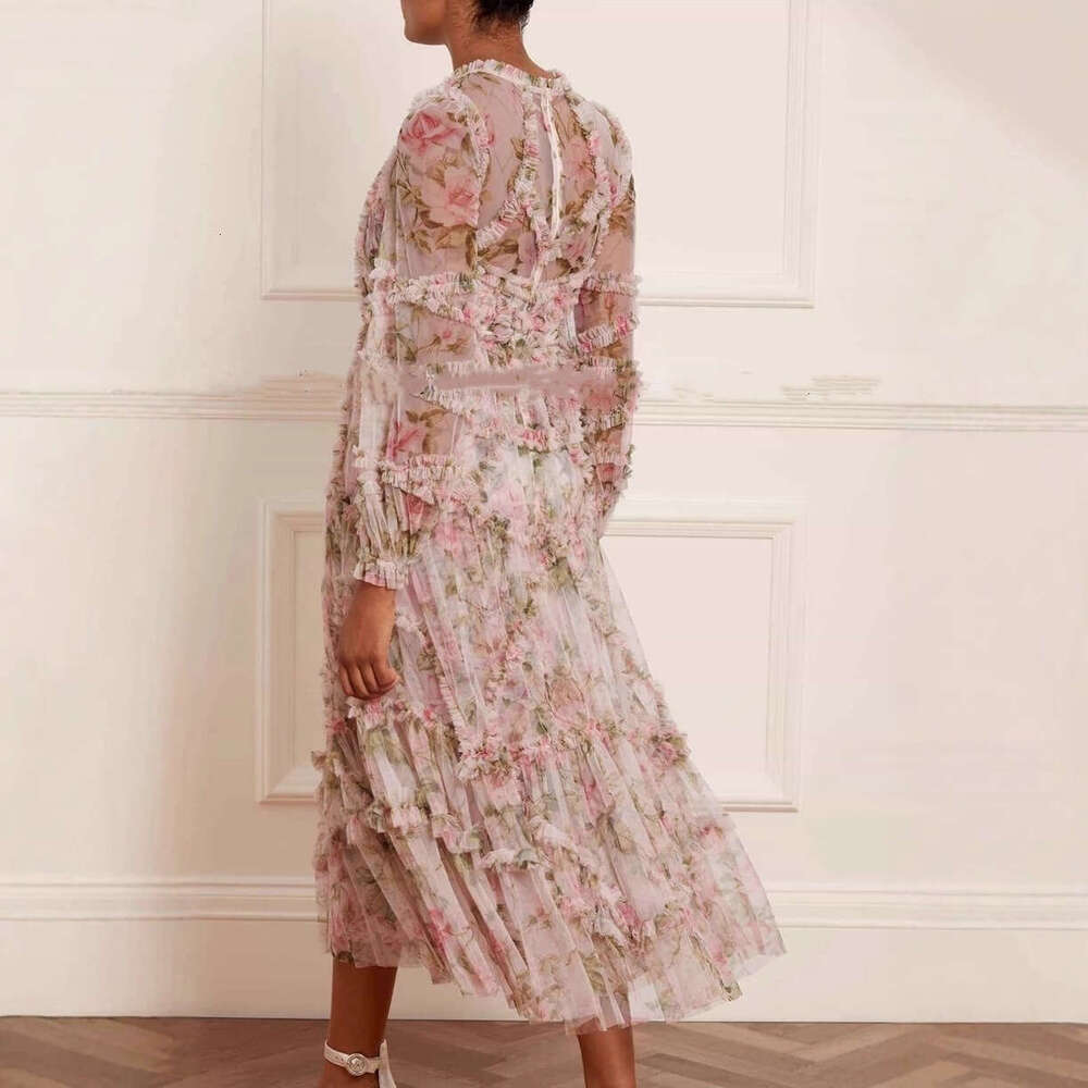 2026 Autumn New Women's Fashion Brand Dream Fairy Flower Mesh Ruffle Long Skirt