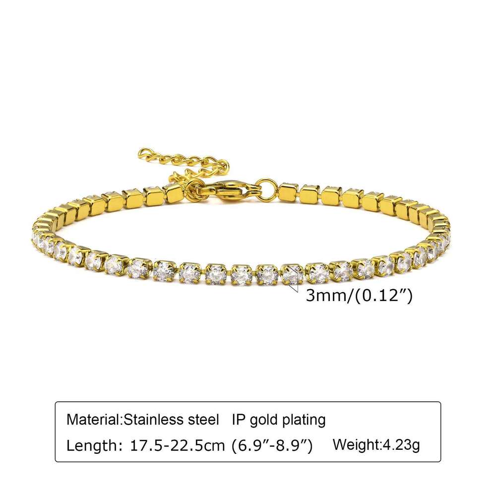 Tennis Gold Plated, Stainless Steel 3mm CZ Stone Anklet Bracelet for Men Women Jewelry Z260225