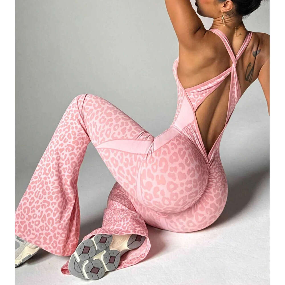 2026 Designer Women's Leopard Pattern Cross Back Seamless Yoga Fitness Integrated Sports Pants Set