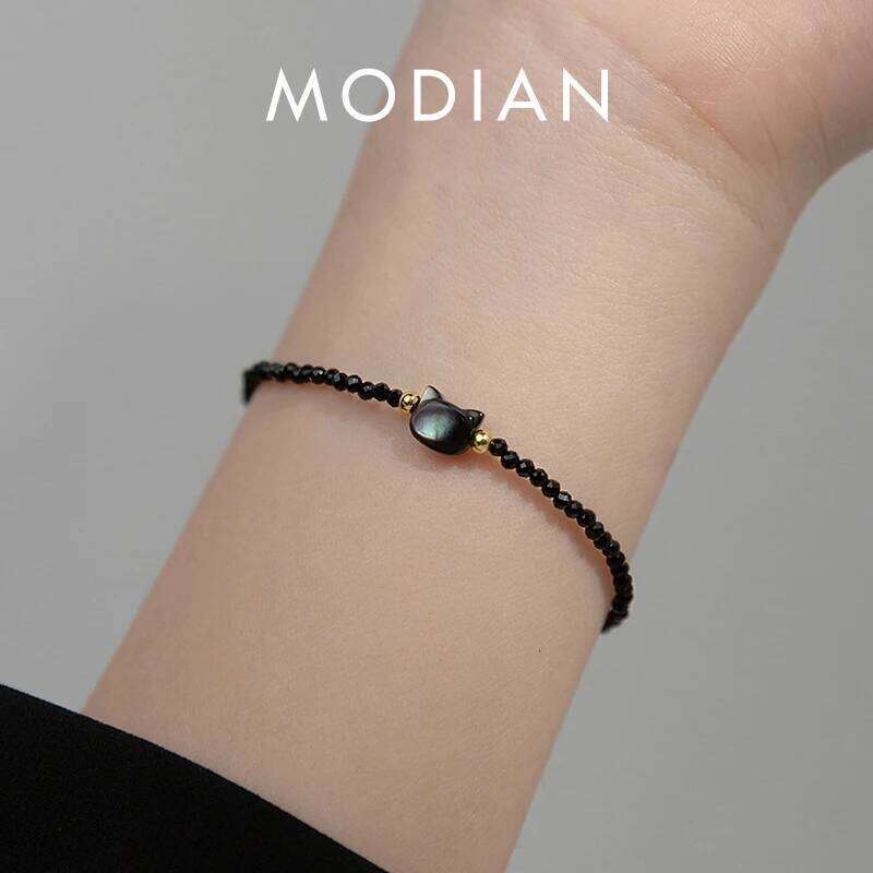 Modian 925 Sterling Silver Vintage Black Round Crystal Cute Cat Link Chain Bracelet For Women Party Jewelry Gifts Z260225