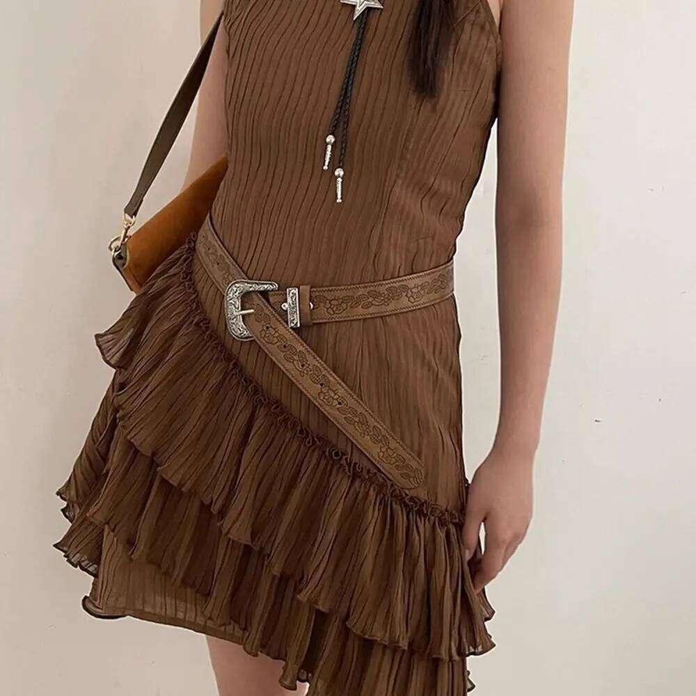 Personality Alloy Ethnic Style Vintage Printed Y2k PU Leather Belt Brown Spicy Girl Pants Decorative Female Y260225