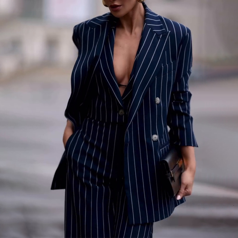 Krisstar 2025 Blazers Suits for Women Business Office Fall Spring Striped V-Neck Jacket Long Wide Leg 2 Pieces Sets Pants 250109