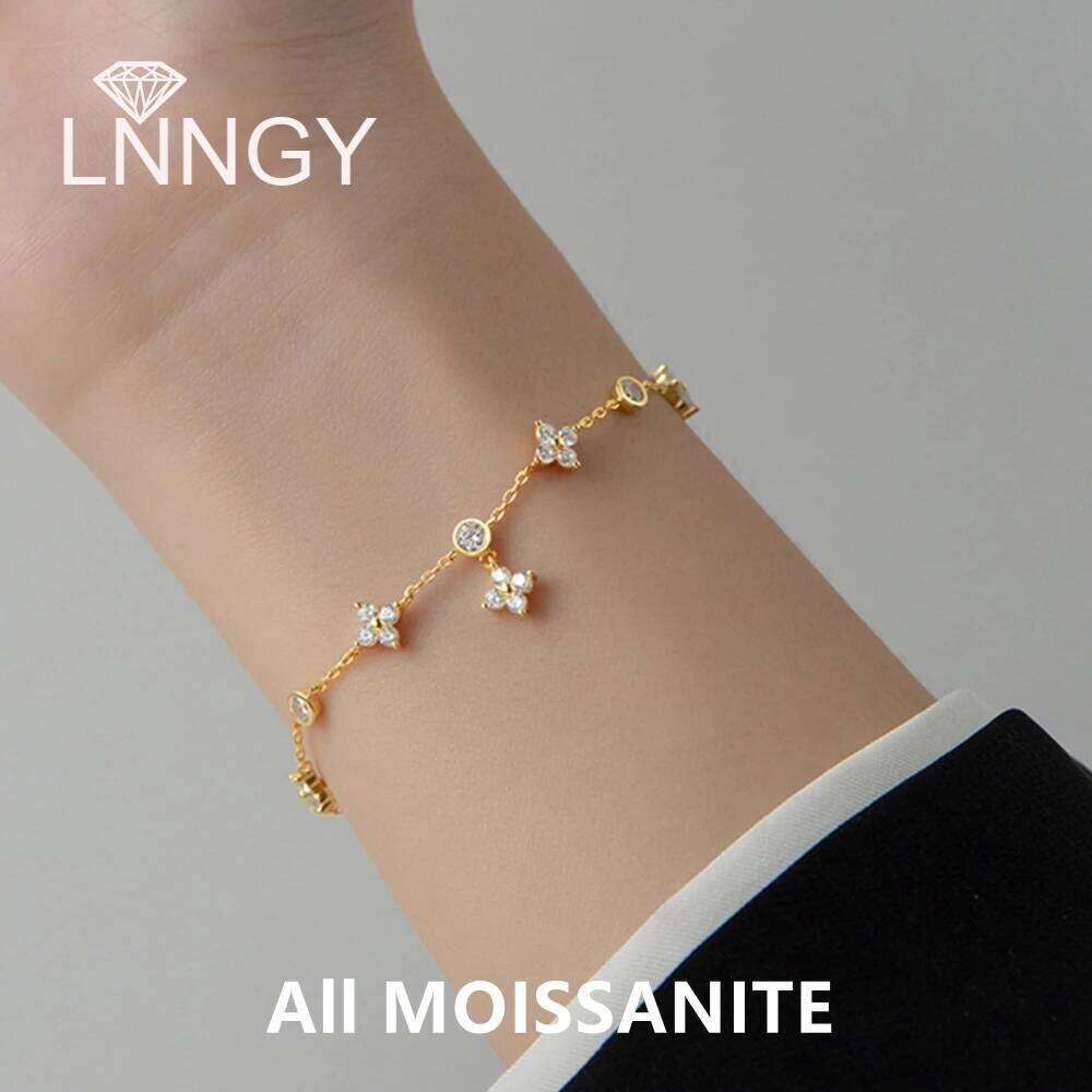 Lnngy Moissanite Bracelet With Certificate 925 Sterling Silver Four-leaf Flower Adjustable Chain Bracelets for Women 2025 Trend Z260225